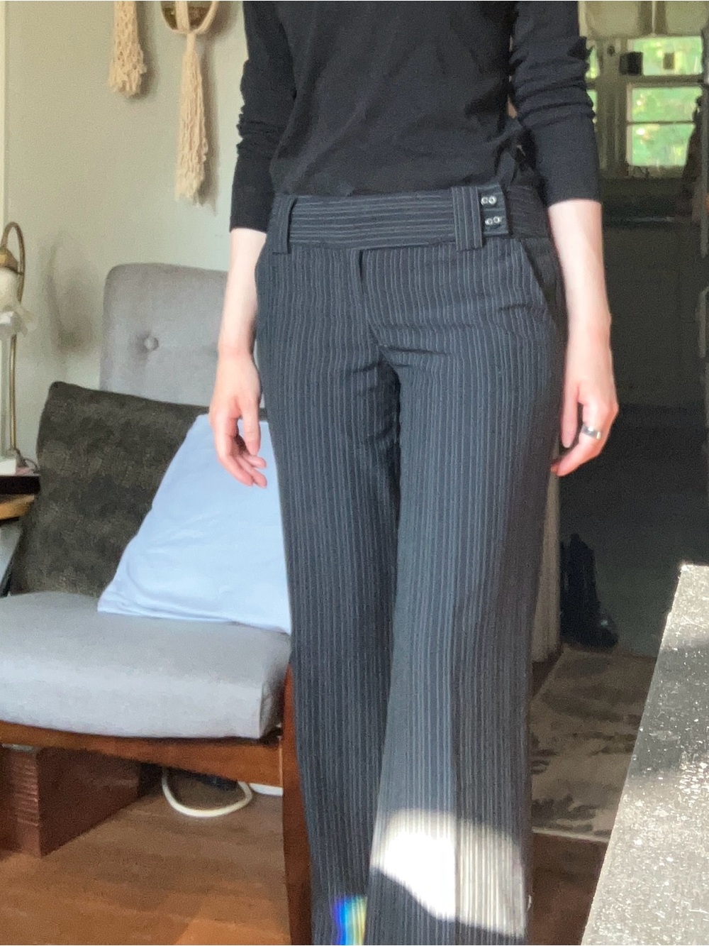 Navy Blue Pinstripe Low Rise Wide-Leg Pants Vintage Y2K